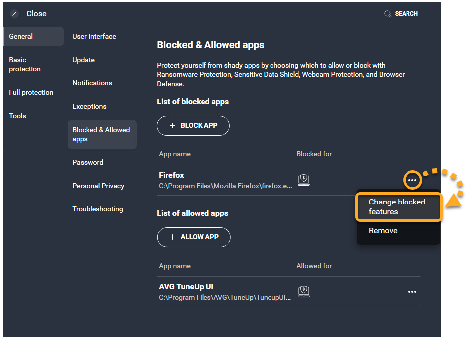 How to use the Blocked &amp; Allowed apps settings screen in AVG 