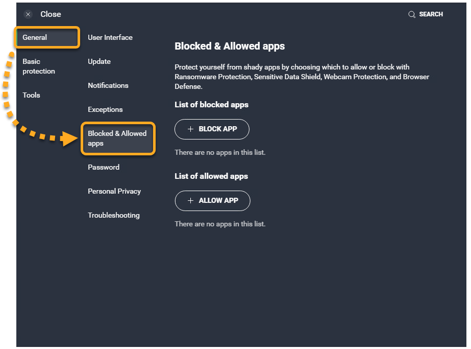How to use the Blocked &amp; Allowed apps settings screen in AVG 